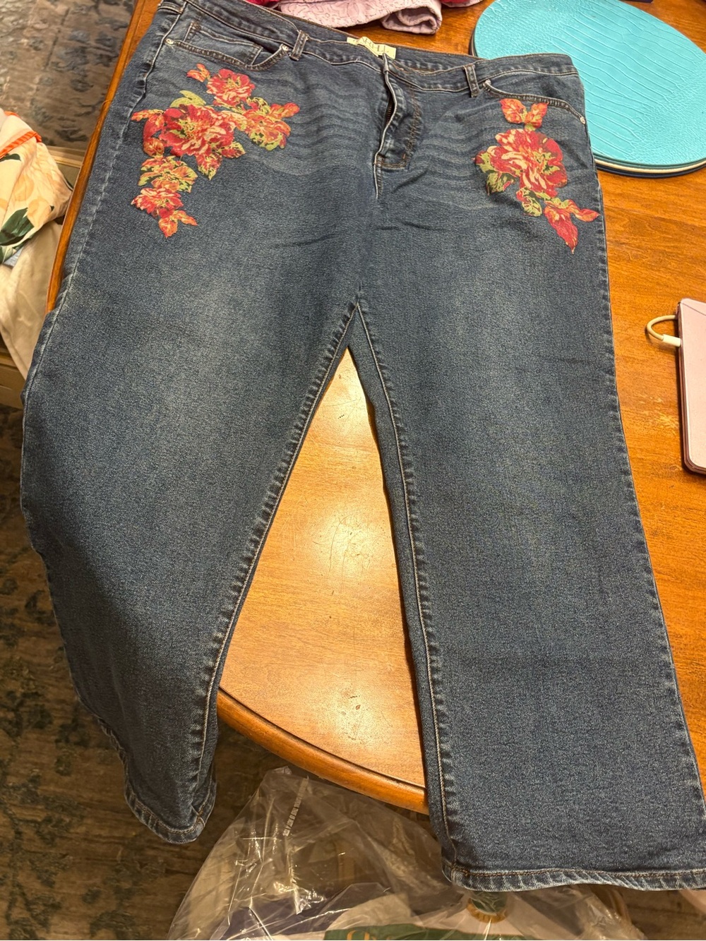 Blue Women's Denim Jeans with Red Floral Embroidery